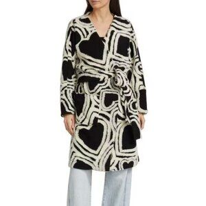 NWOT Farm Rio Wool Blend Wild Hearts Tie-Belt Fleece Coat Size L Black White